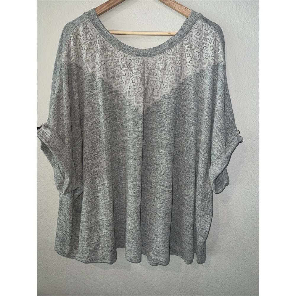 Cacique HEATHER GRAY Lace Roll Tab Short Sleeve Shirt Top Flowy PLUS SIZE 18/20